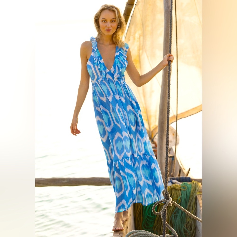 OLIPHANT NWT RUFFLE V-NECK MAXI- ODISHA BLUE SIZE XL